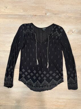 Lucky Brand Black Embroidered Peasant Blouse with Silver Tassels